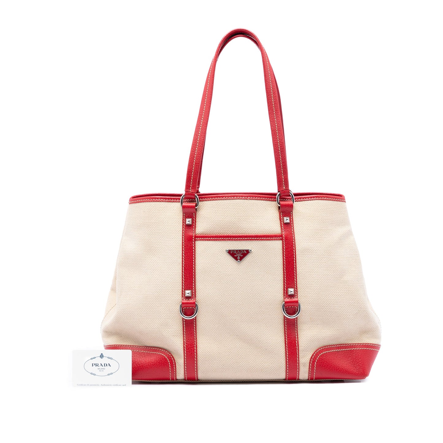 Prada Studded Leather Trimmed Canvas Front Pocket Tote