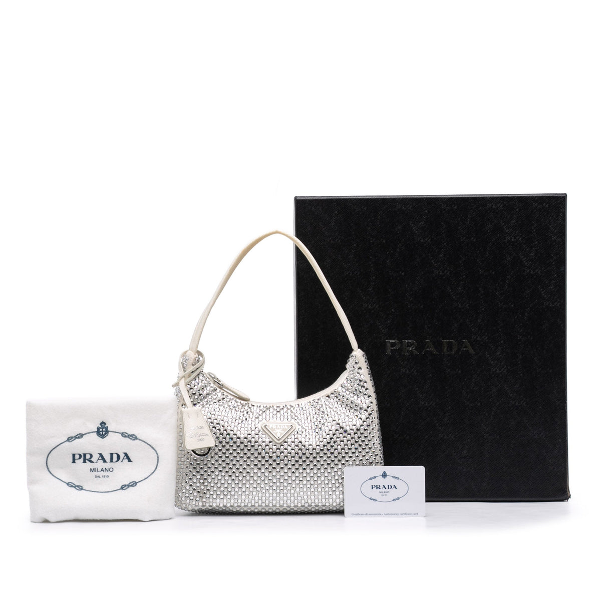 Prada Mini Satin Crystal Re Edition 2000 Shoulder Bag — White