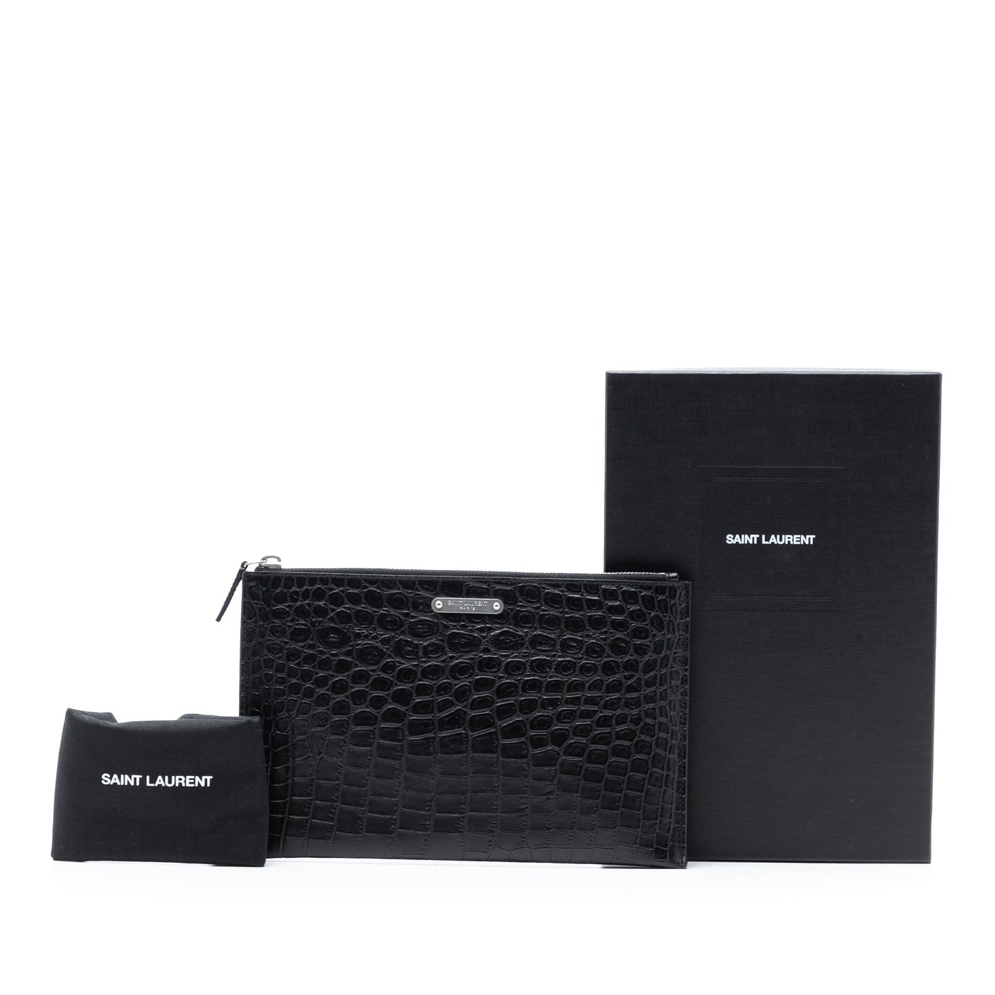Saint Laurent Croc Embossed Leather Clutch