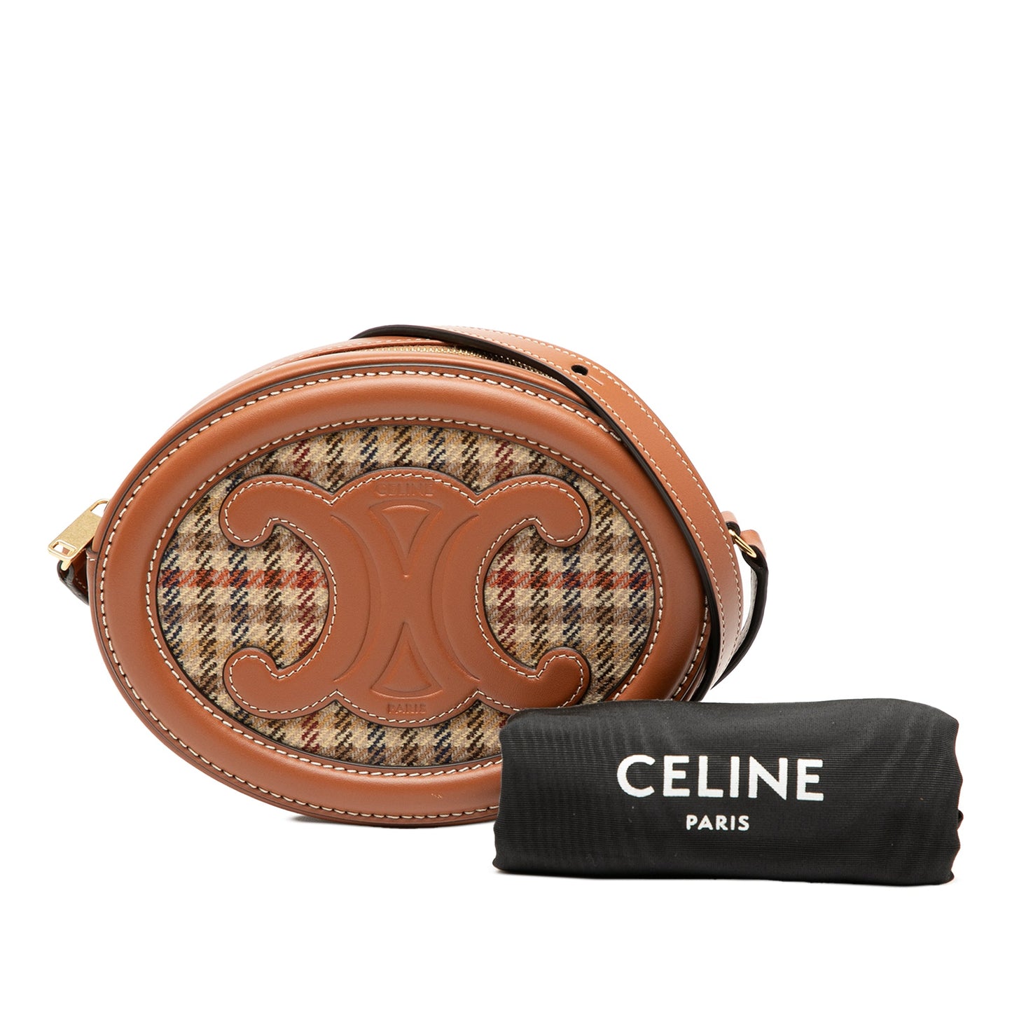 Celine Small Houndstooth Canvas and Calfskin Cuir Triomphe Oval Crossbody