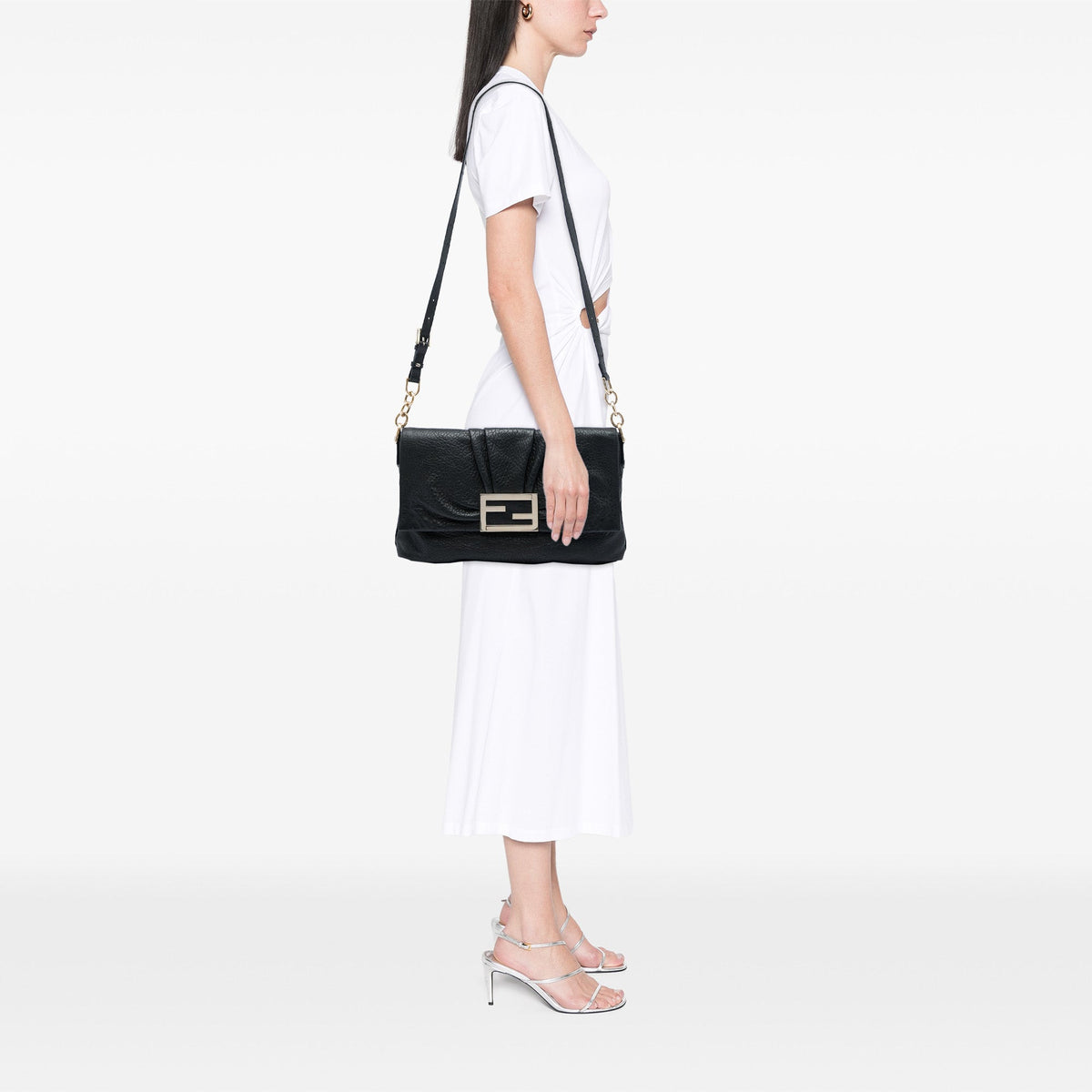 Fendi Large Crinkled Lambskin Mia Flap Crossbody — Black