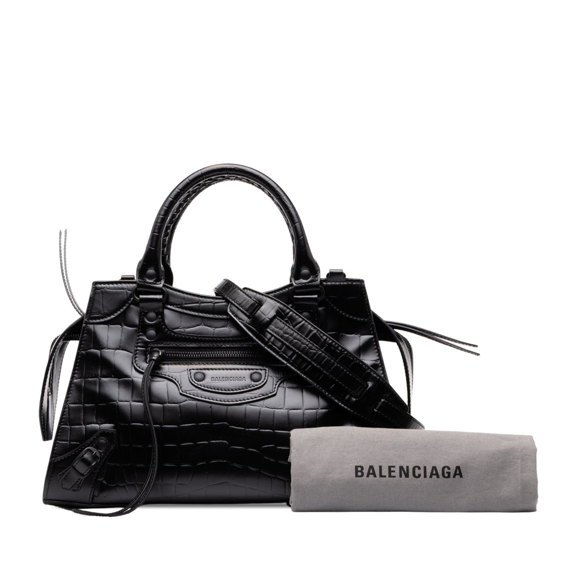 Balenciaga Small Croc Embossed Calfskin Motocross Neo Classic City Satchel