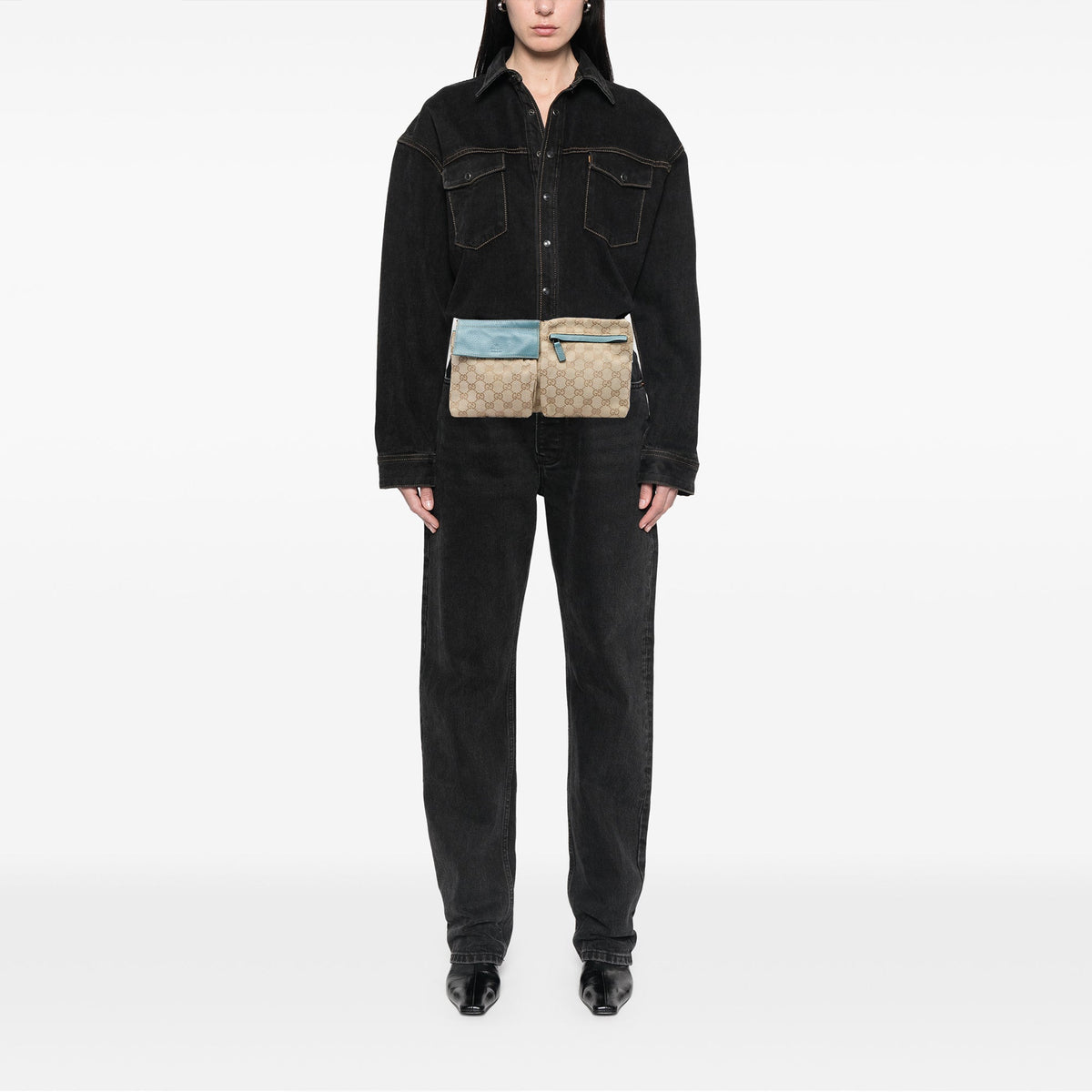 Gucci GG Canvas Web Double Pocket Belt Bag — Beige
