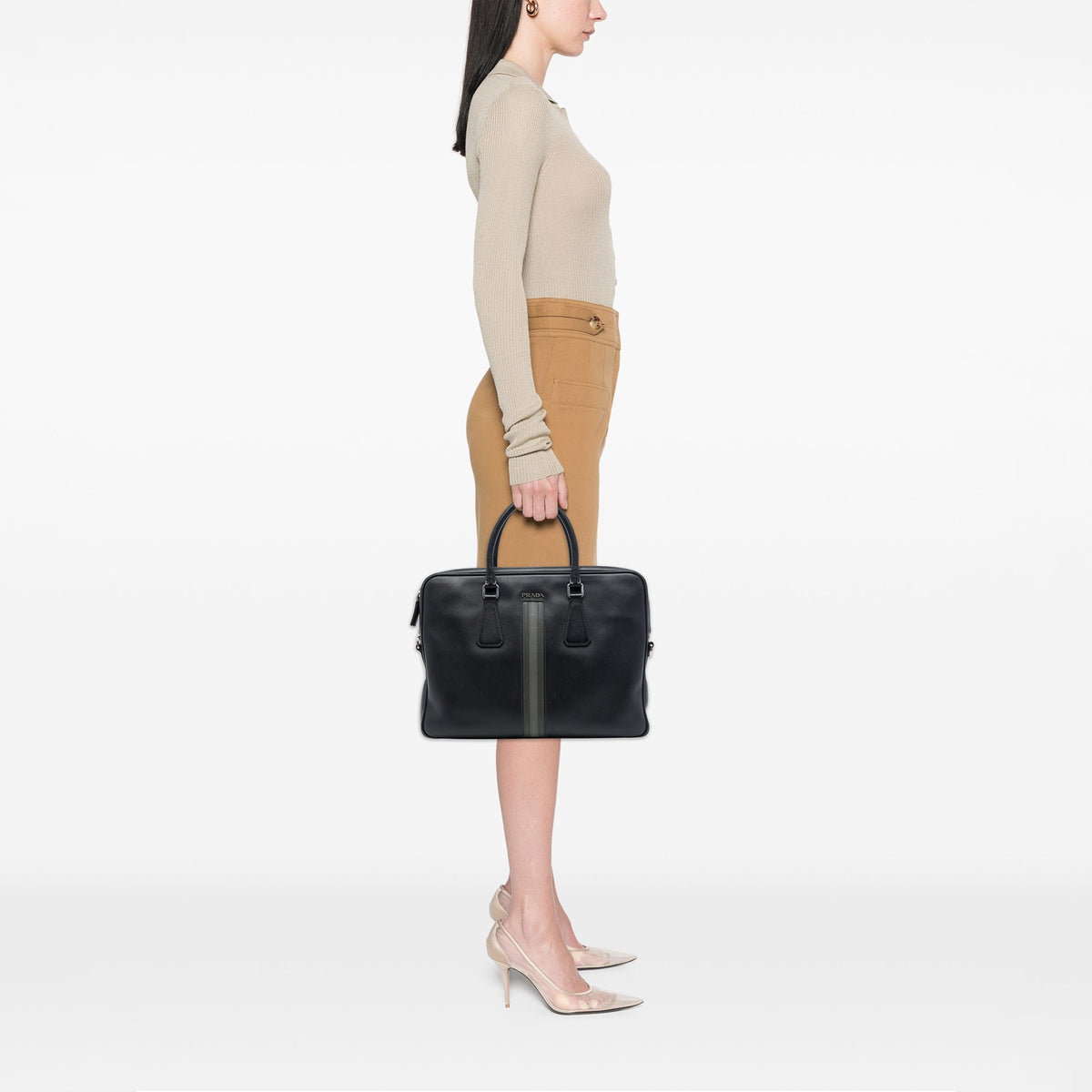 Prada Saffiano Striped Business Bag — Black