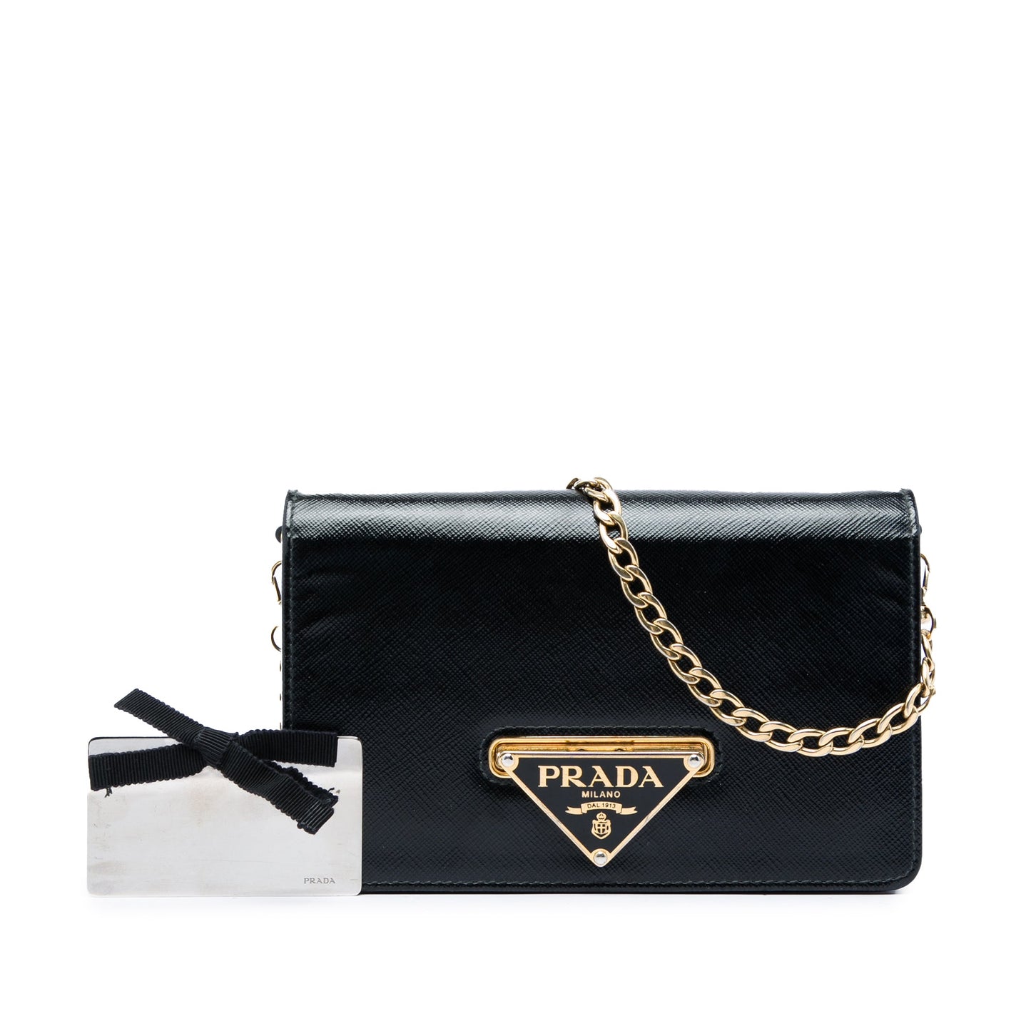 Prada Saffiano Vernice Flip Lock Wallet on Chain Clutch
