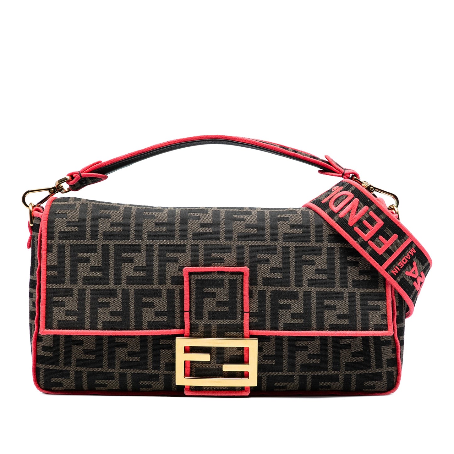 Fendi Medium Zucca Canvas Fluo Trim Baguette Satchel