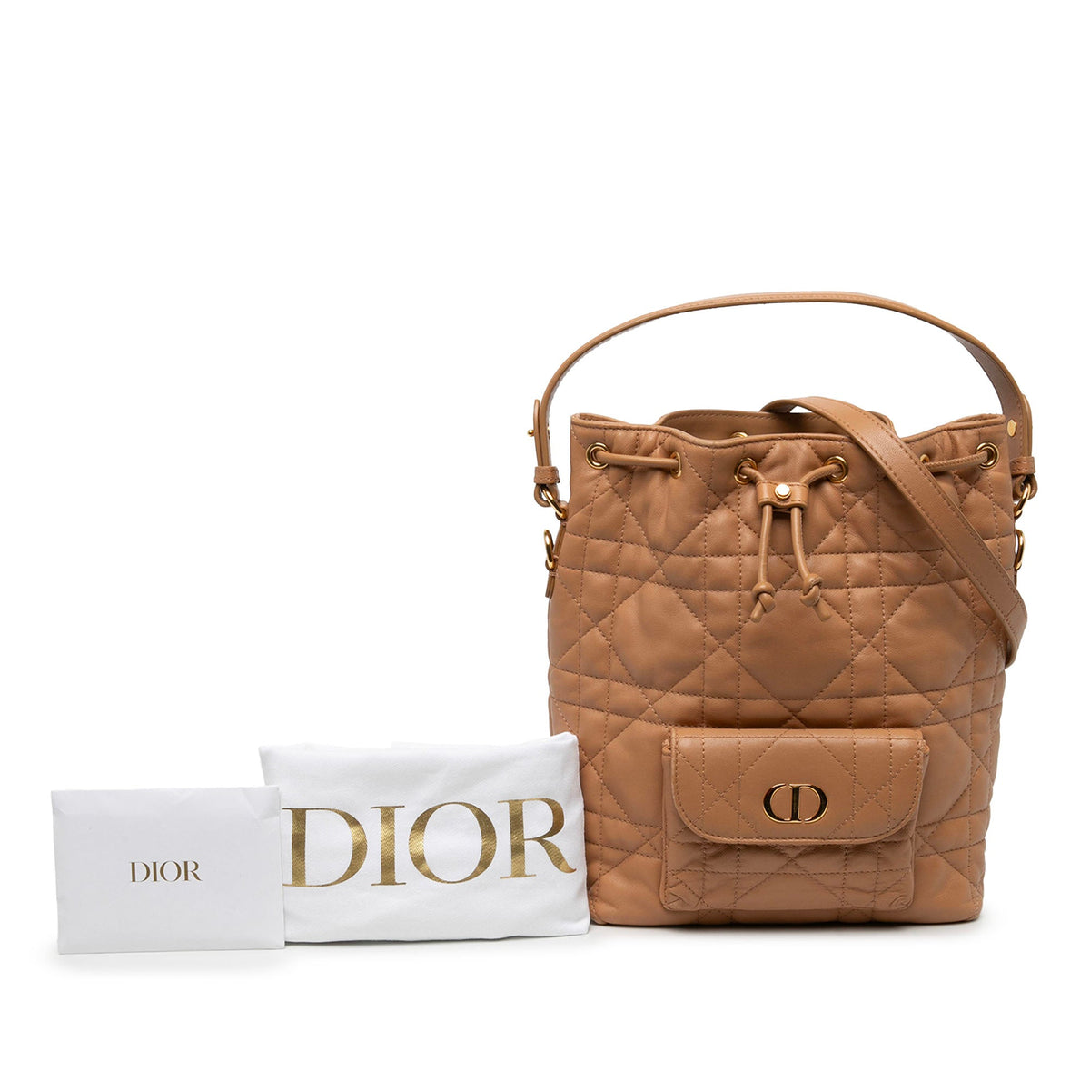Dior Small Lambskin Macrocannage Caro Bucket Bag — Brown