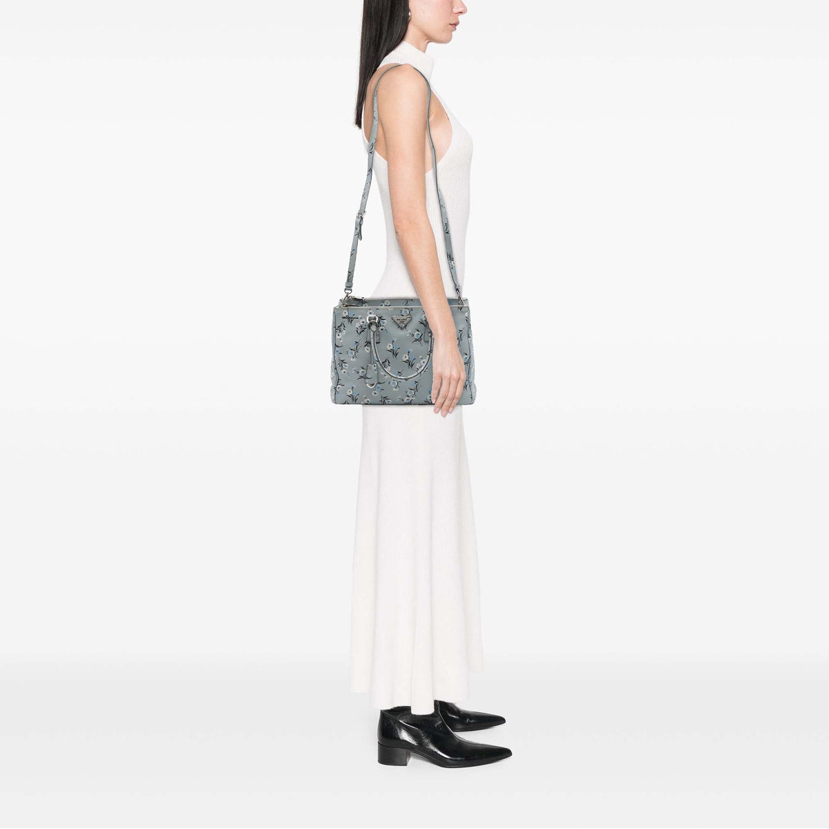 Prada Medium Saffiano Lux Galleria Floral Print Double Zip Satchel — Gray