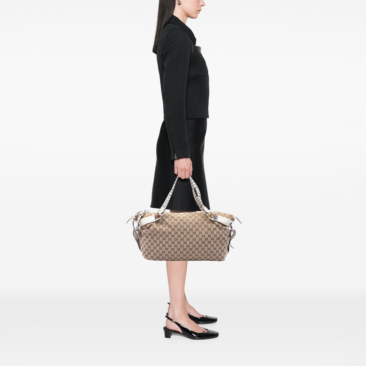 Gucci Medium GG Canvas Bamboo Bar Tote — Beige