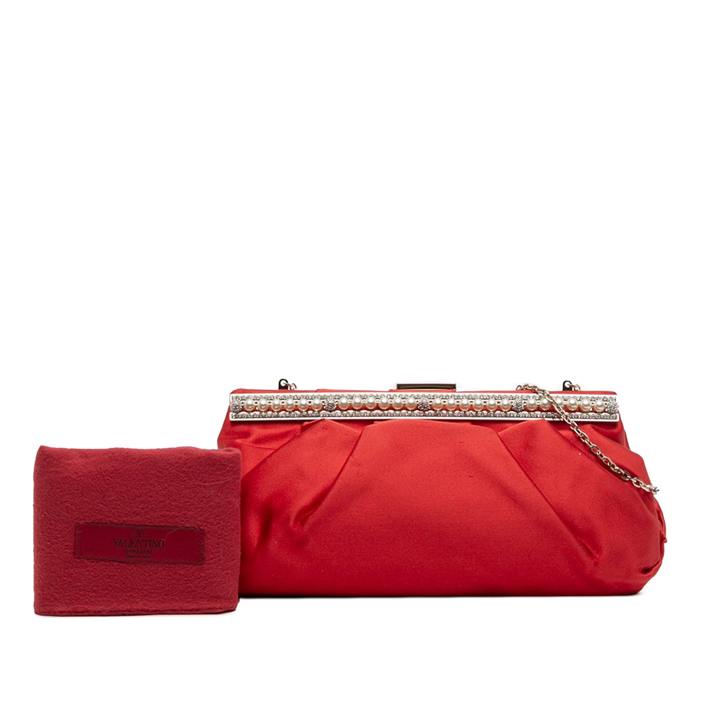 Valentino Satin Pearl Embellished Frame Clutch on Chain