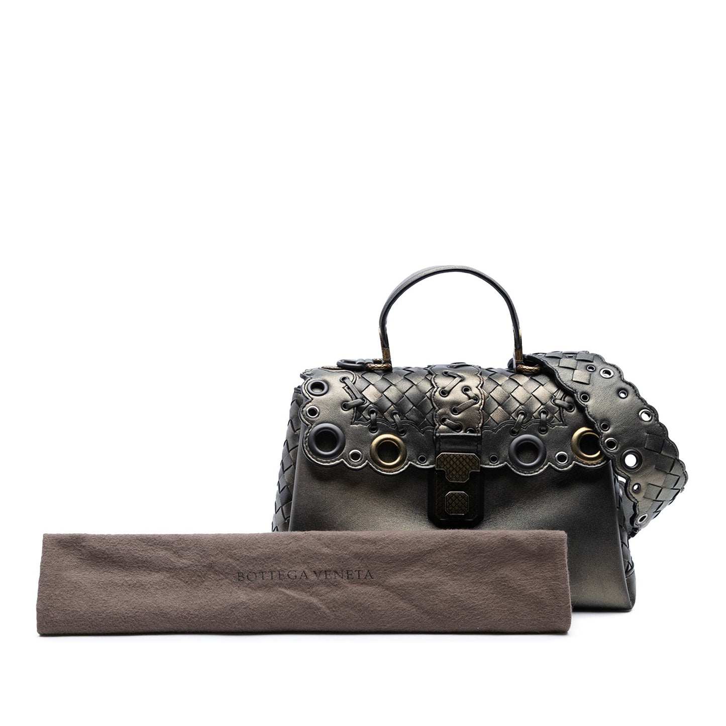 Bottega Veneta Small Intrecciato Trimmed Metallic Nappa Grommet Piazza Satchel