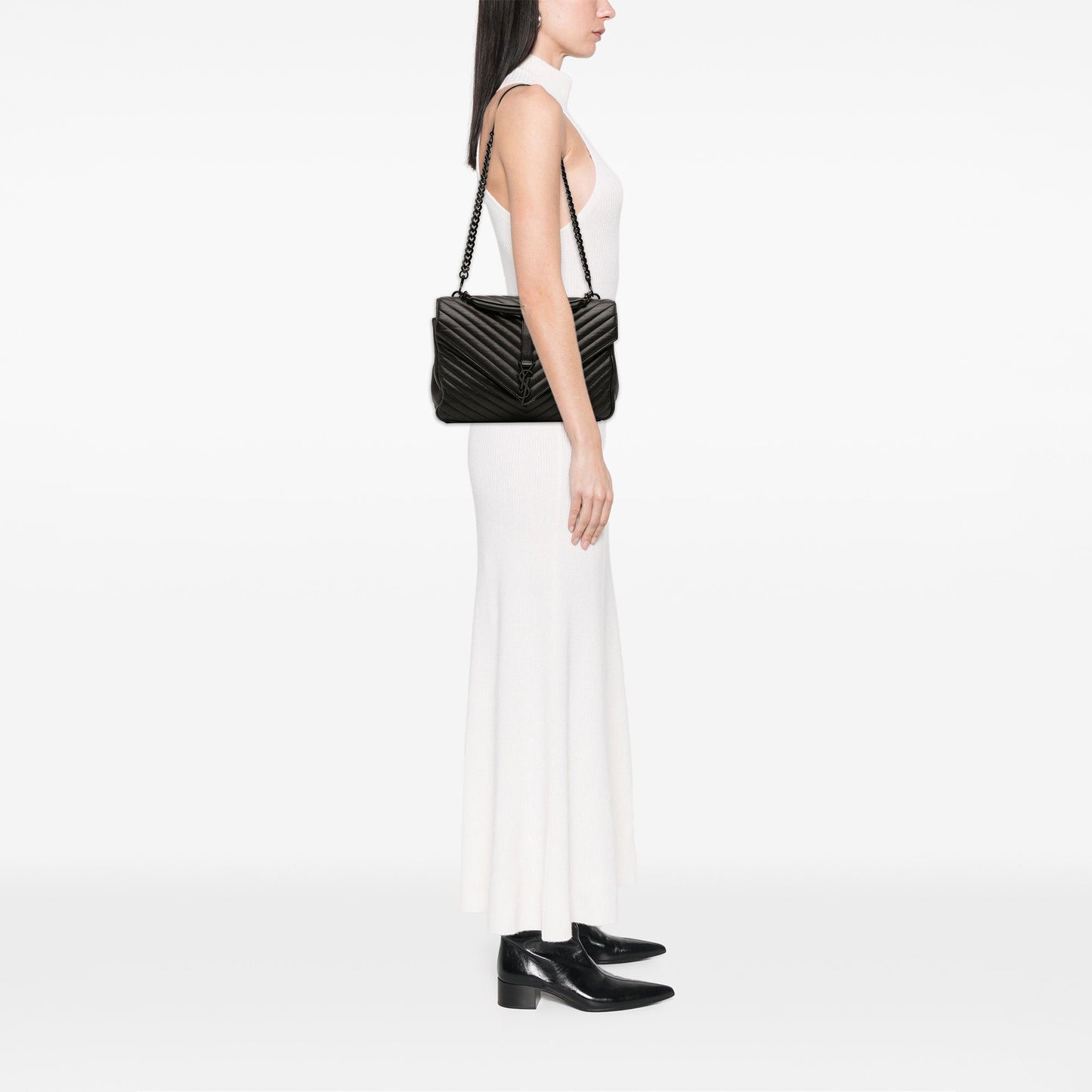 Saint Laurent Large Sheepskin Chevron Monogram Monochrome College Bag
