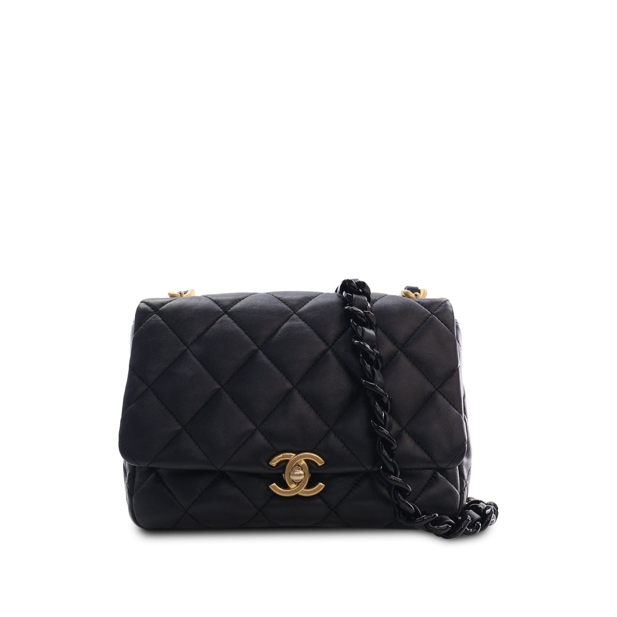 Chanel Small Quilted Lambskin Lacquered Chain Flap — Black