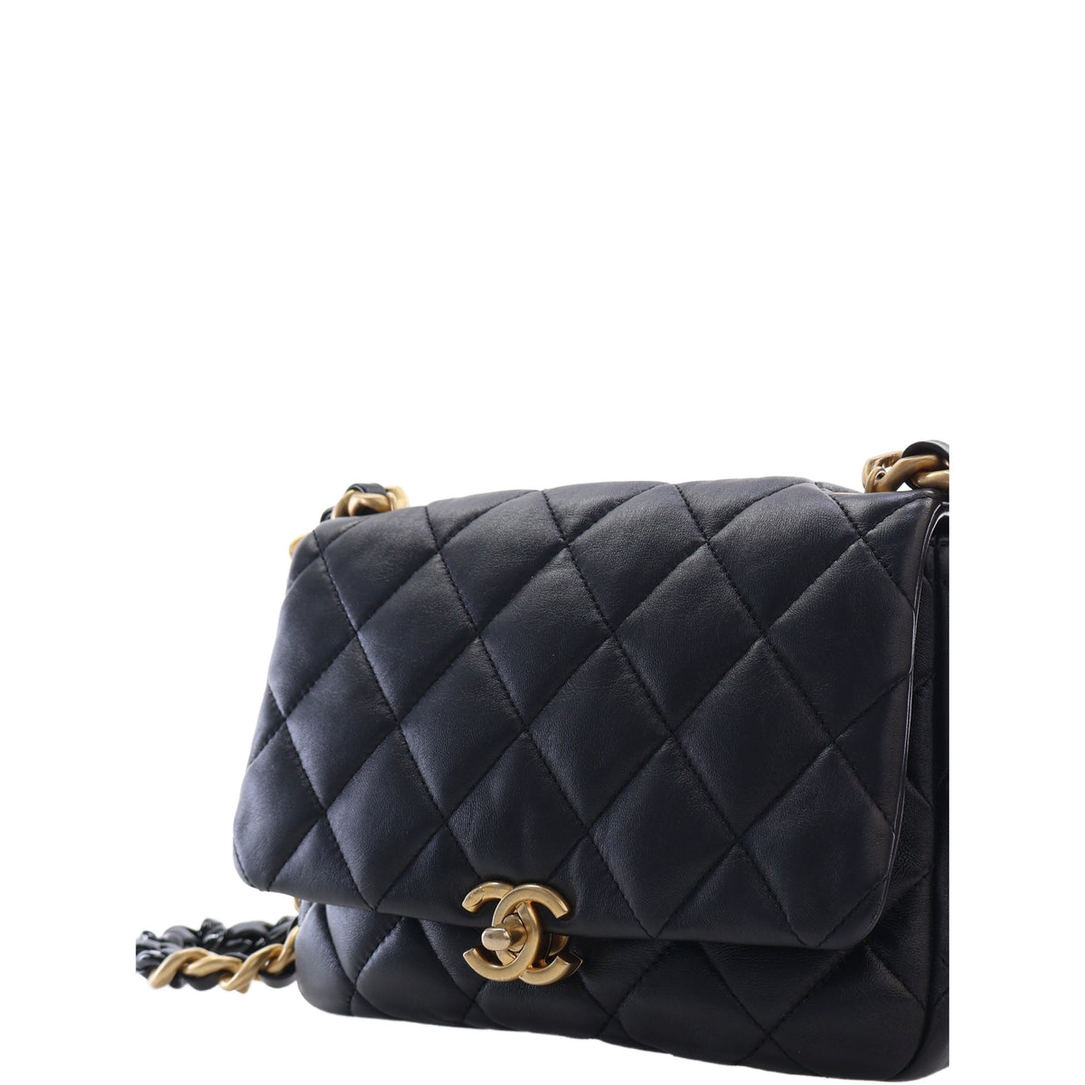 Chanel Small Quilted Lambskin Lacquered Chain Flap — Black