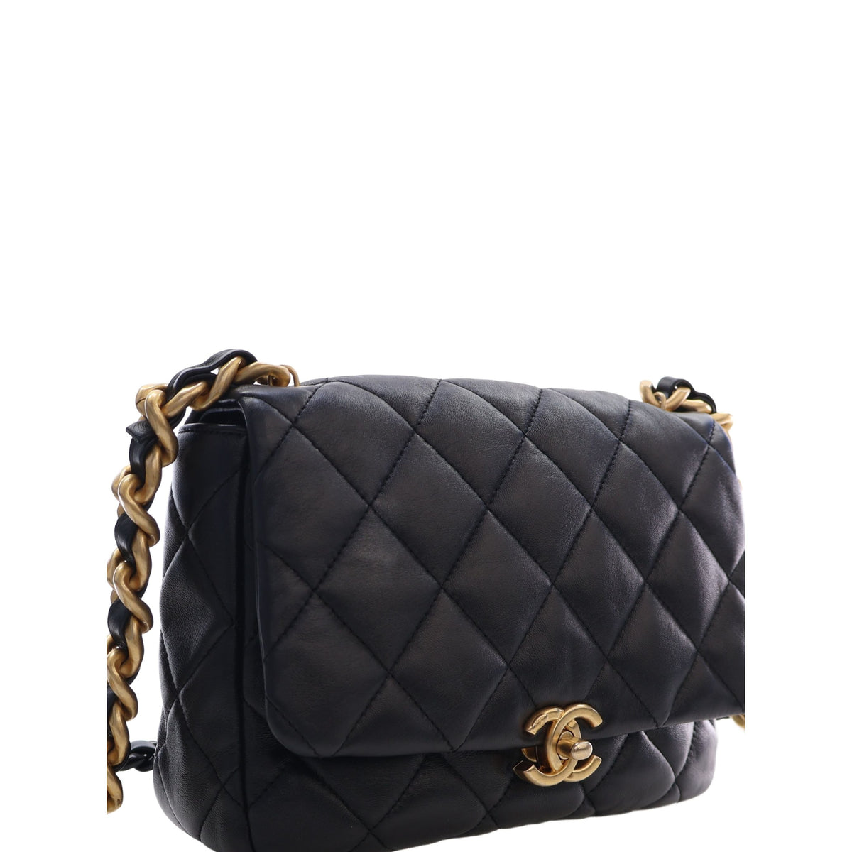 Chanel Small Quilted Lambskin Lacquered Chain Flap — Black
