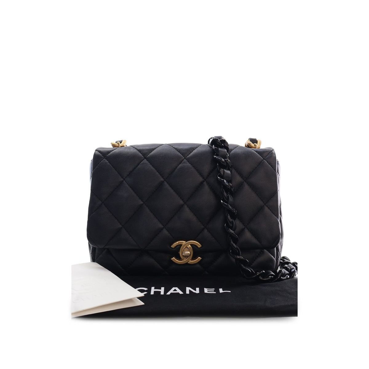 Chanel Small Quilted Lambskin Lacquered Chain Flap — Black