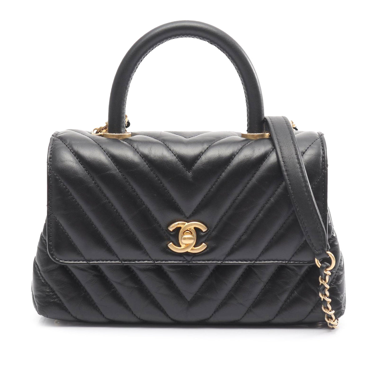 Chanel Small Chevron Aged Calfskin Coco Top Handle Bag