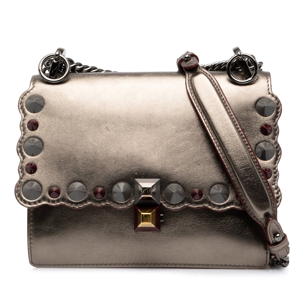 Fendi Mini Scalloped Metallic Studded Leather Kan I Crossbody — Gold
