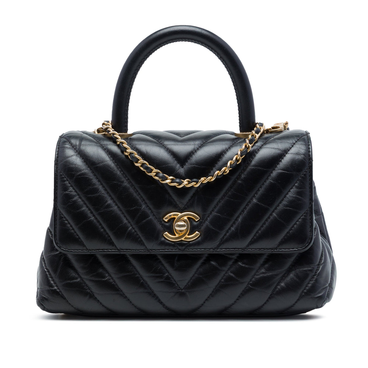 Chanel Mini Chevron Aged Calfskin Coco Top Handle Bag