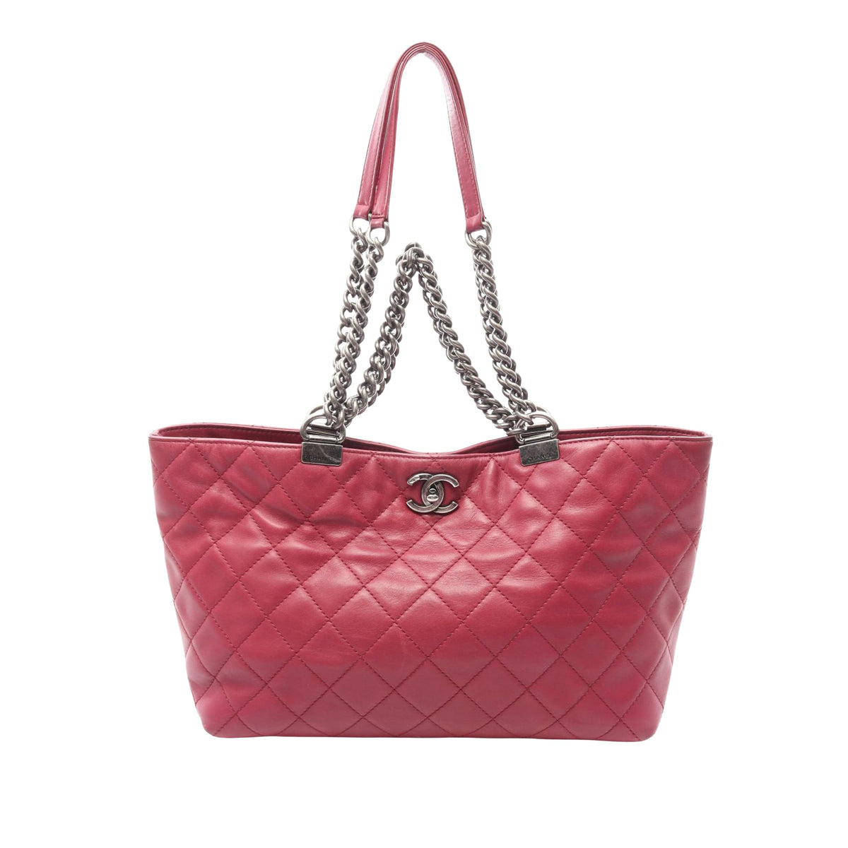 Chanel Quilted Iridescent Calfskin Shopping in Chains Tote — Pink