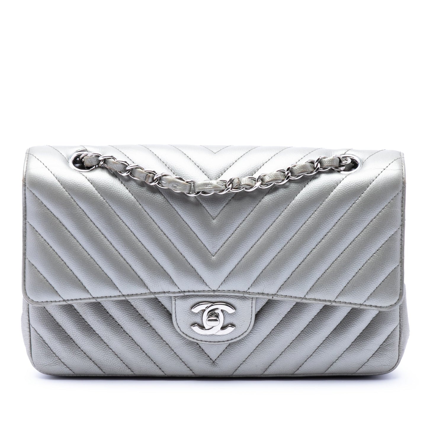 Chanel Medium Classic Chevron Metallic Caviar Double Flap