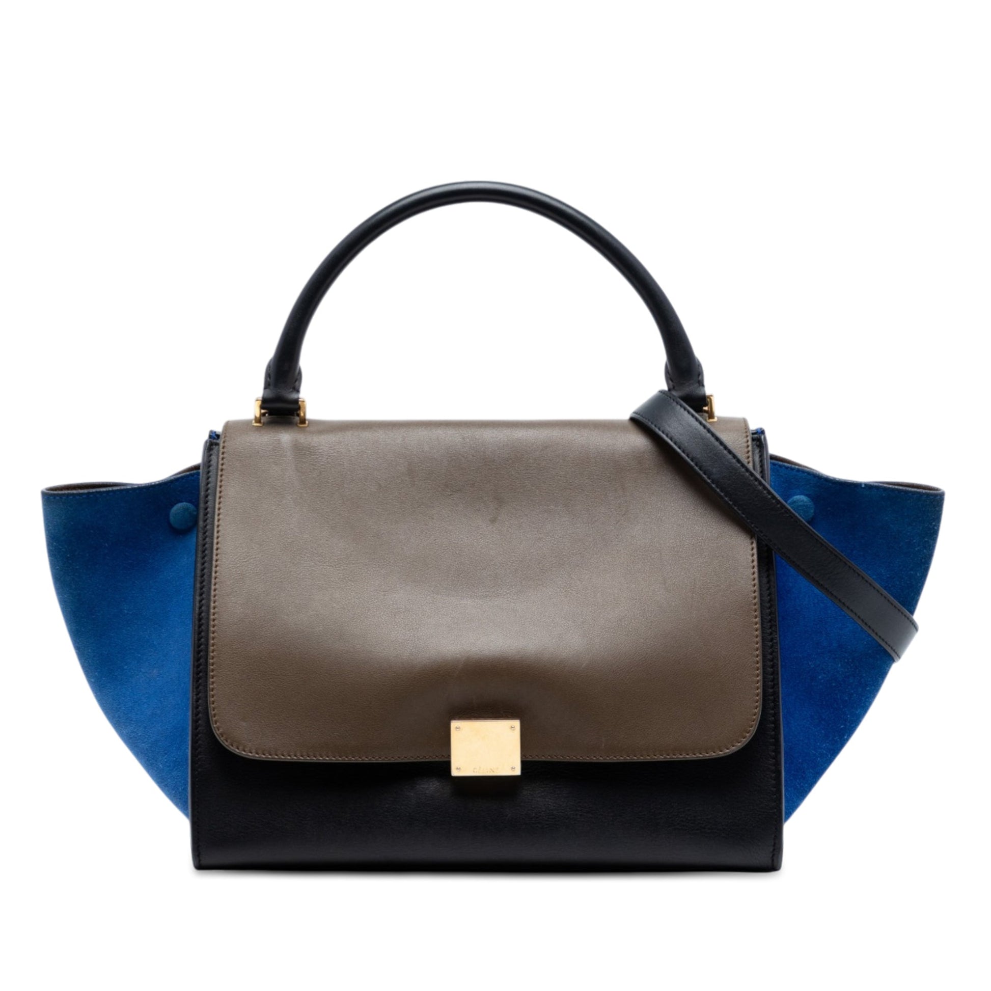 Medium Tricolor Calfskin and Suede Trapeze Satchel