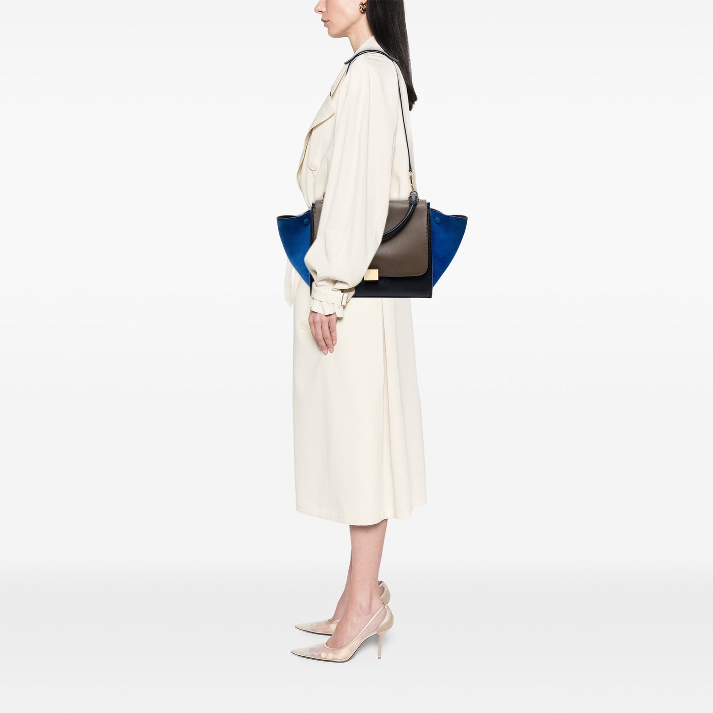 Medium Tricolor Calfskin and Suede Trapeze Satchel