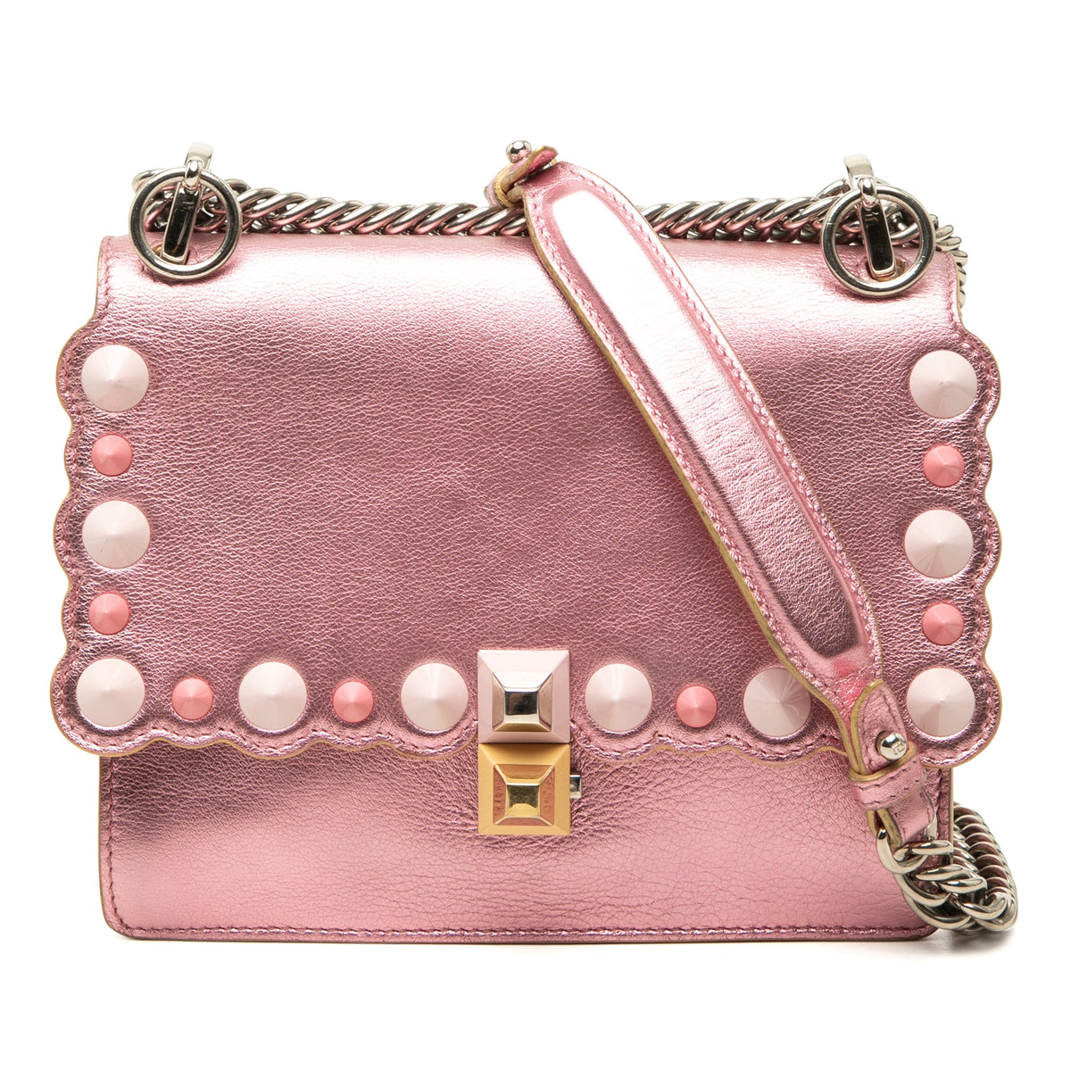 Fendi Mini Scalloped Metallic Studded Leather Kan I Crossbody — Pink