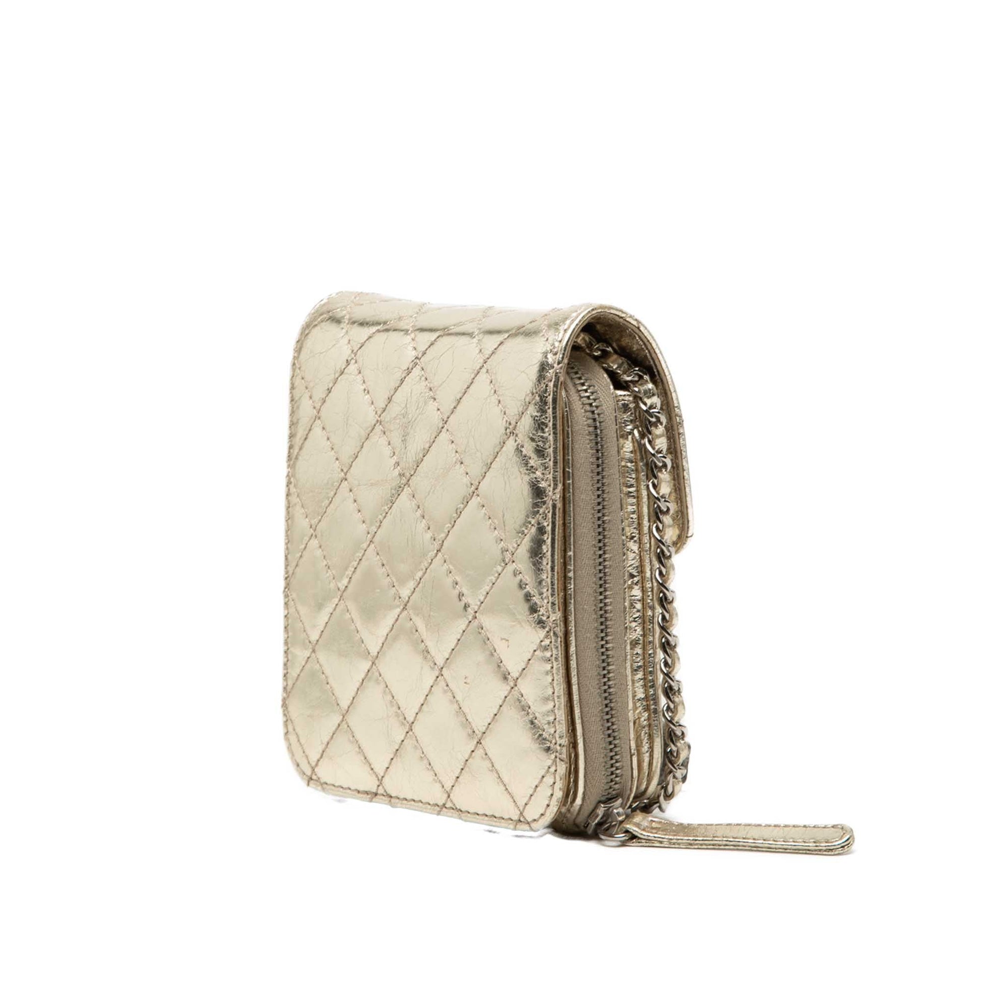 Chanel Quilted Metallic Aged Calfskin Clams Wallet on Chain
