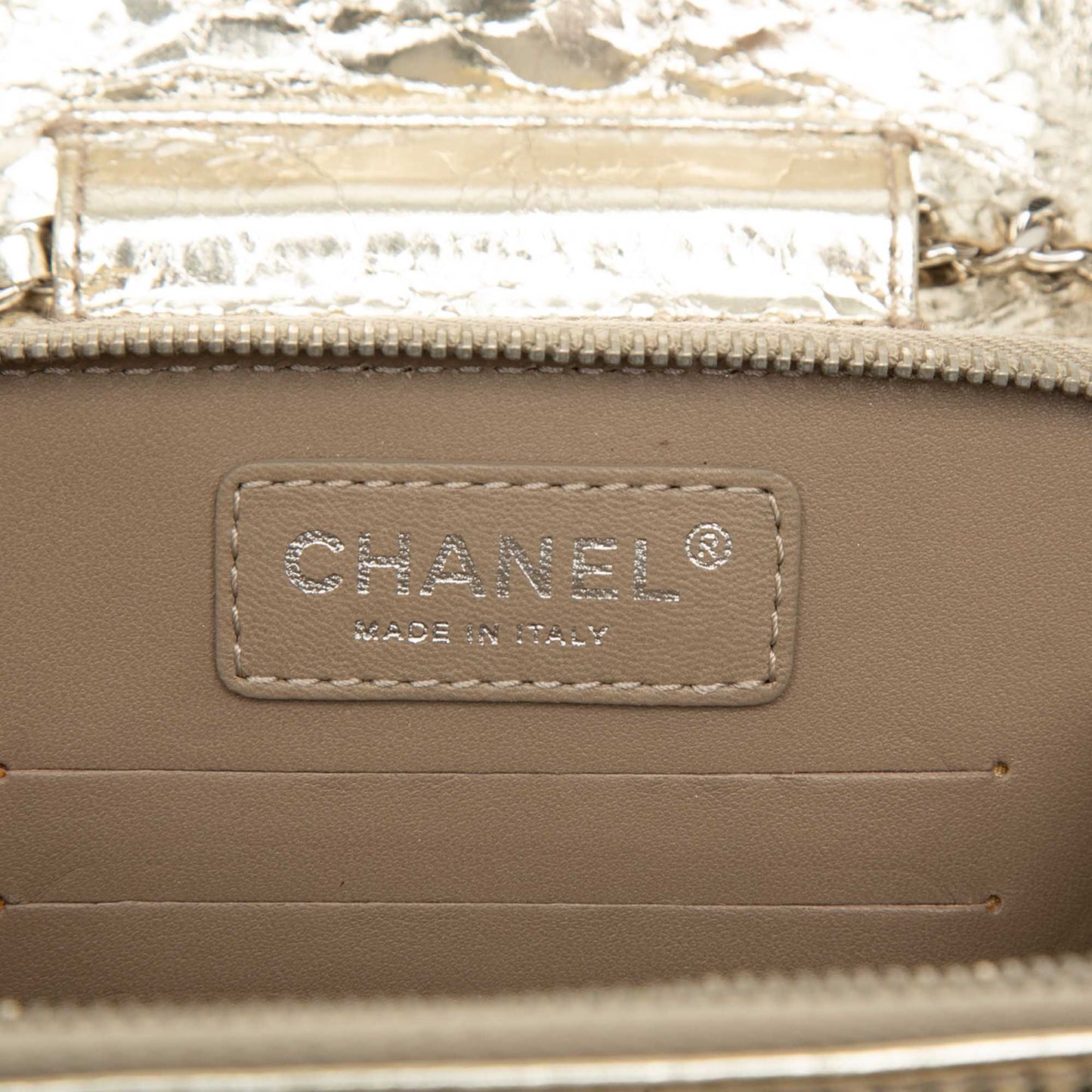 Chanel Quilted Metallic Aged Calfskin Clams Wallet on Chain