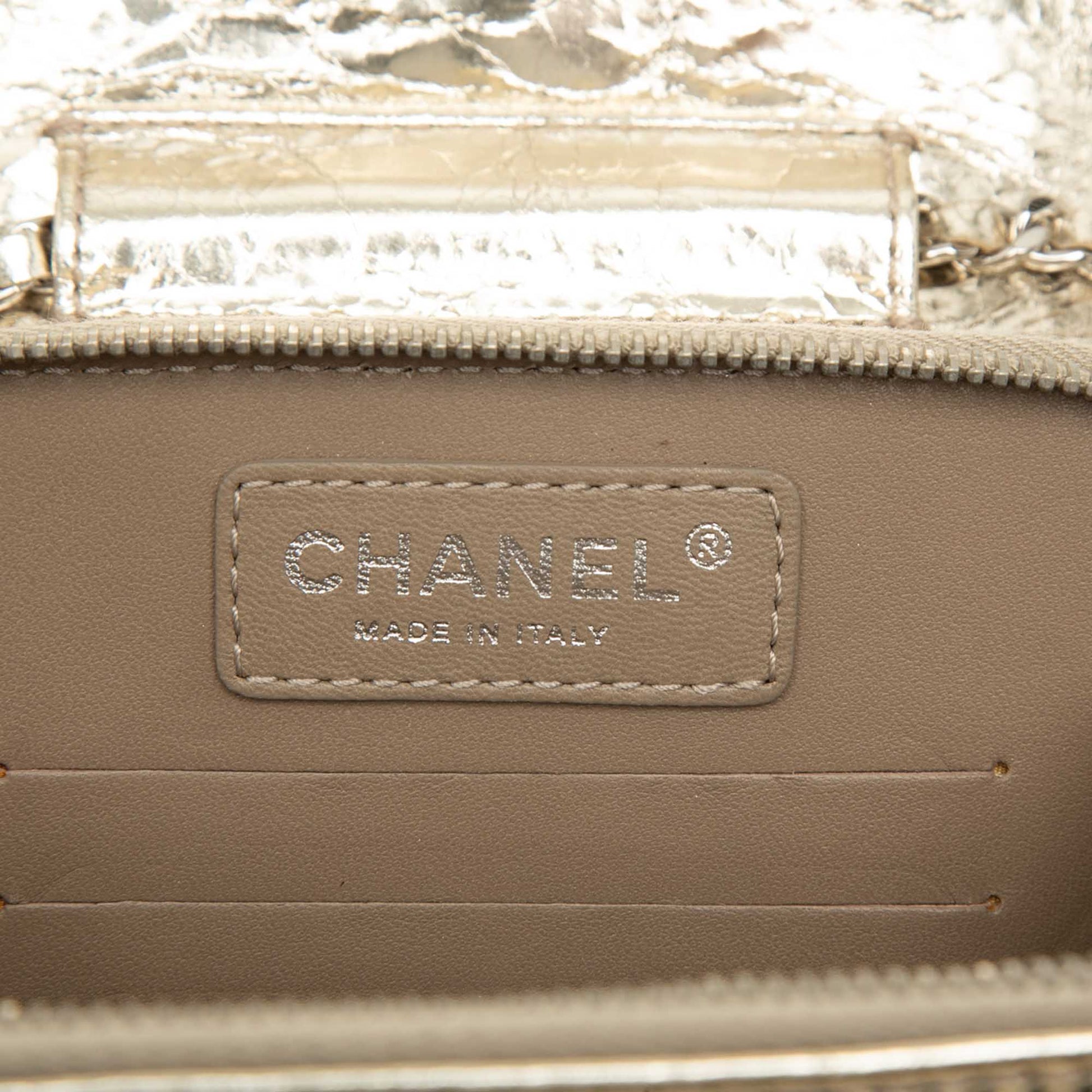 Chanel Quilted Metallic Aged Calfskin Clams Wallet on Chain