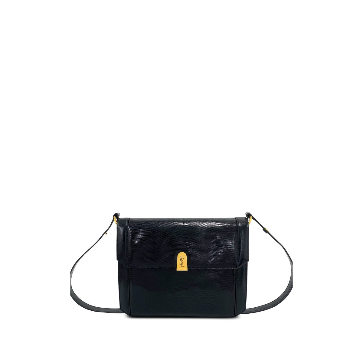 Saint Laurent Embossed Lizard Leather Crossbody — Black