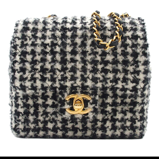 Chanel Mini Square Quilted Tweed Houndstooth Straight Single Flap