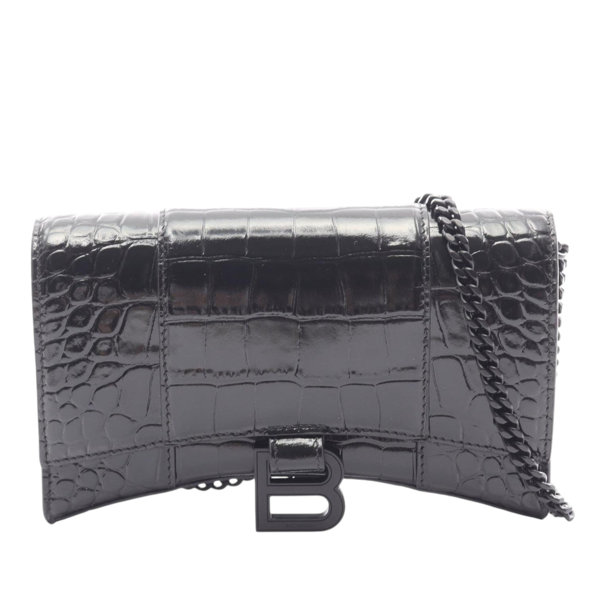 Balenciaga Shiny Calfskin Crocodile Embossed Hourglass Wallet On Chain