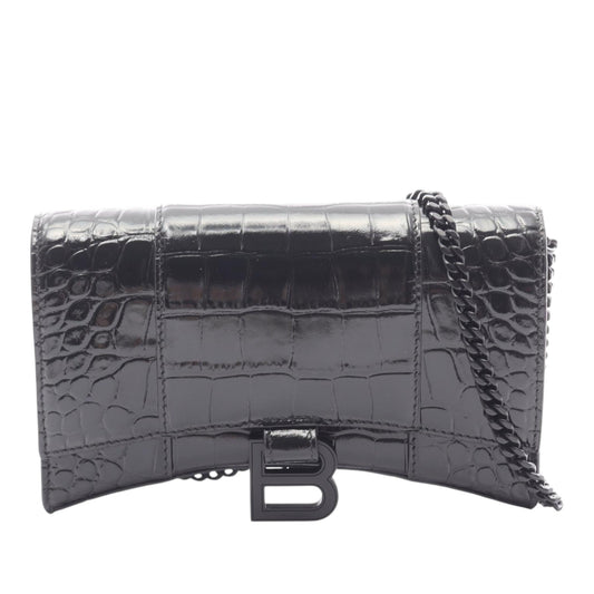 Balenciaga Shiny Calfskin Crocodile Embossed Hourglass Wallet On Chain