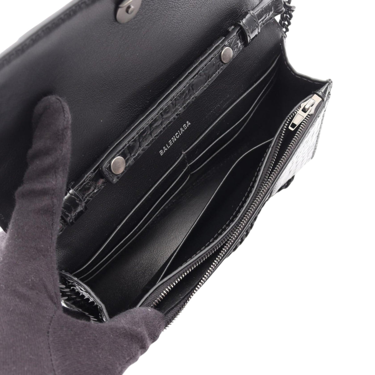 Balenciaga Shiny Calfskin Crocodile Embossed Hourglass Wallet On Chain