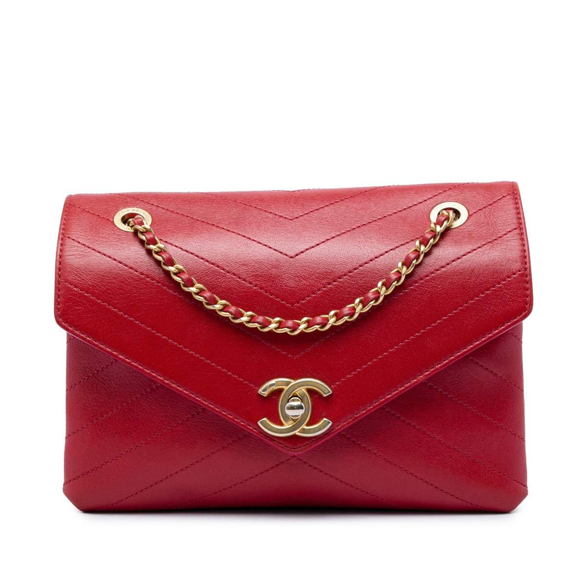 Chanel Small Chevron Lambskin Stitched Envelope Flap — Red