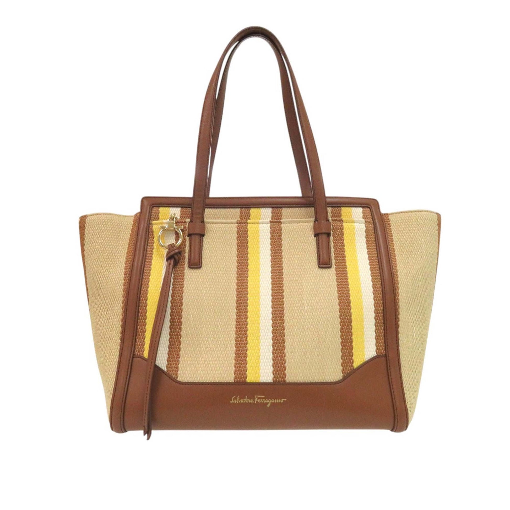 Ferragamo Medium Striped Canvas and Leather Amy Tote