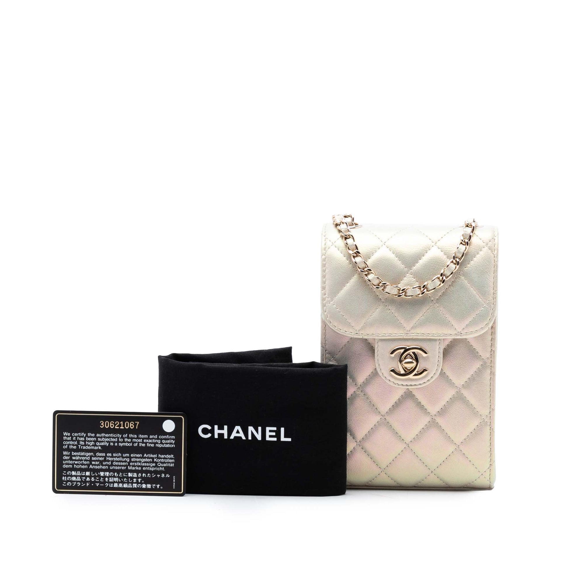 Chanel CC Quilted Iridescent Lambskin Phone Holder with Chain