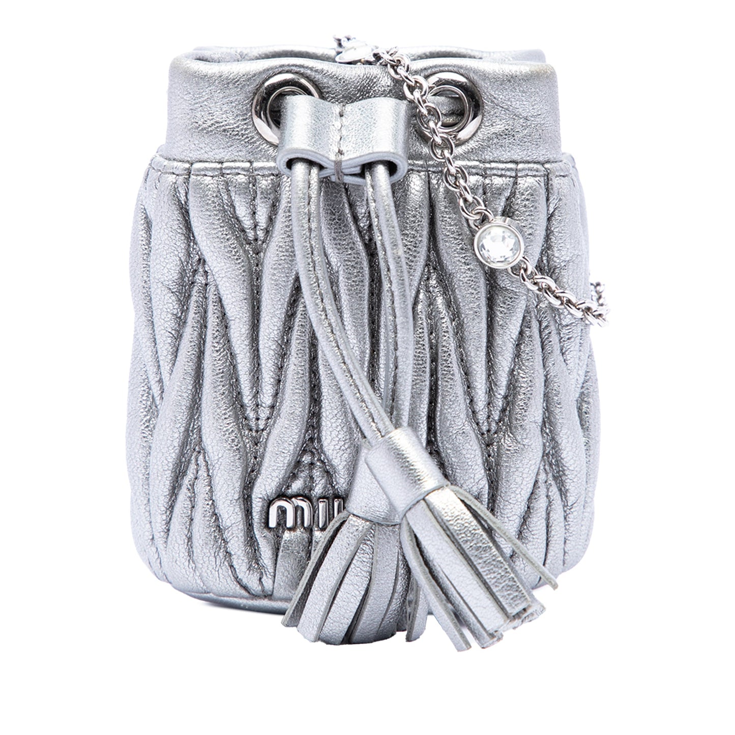 Miu Miu Mini Metallic Matelasse Nappa Crystal Chain Bucket Bag