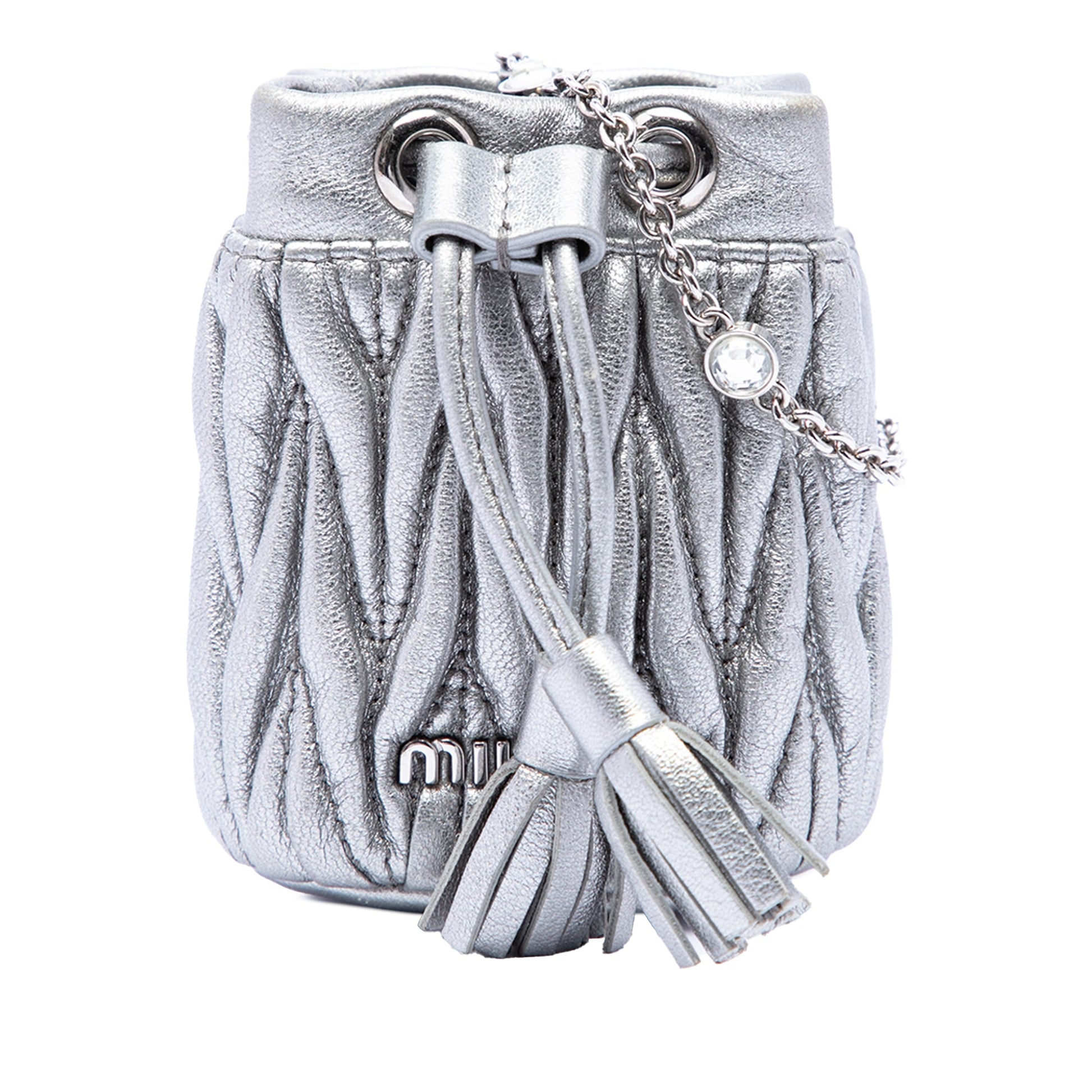 Miu Miu Mini Metallic Matelasse Nappa Crystal Chain Bucket Bag