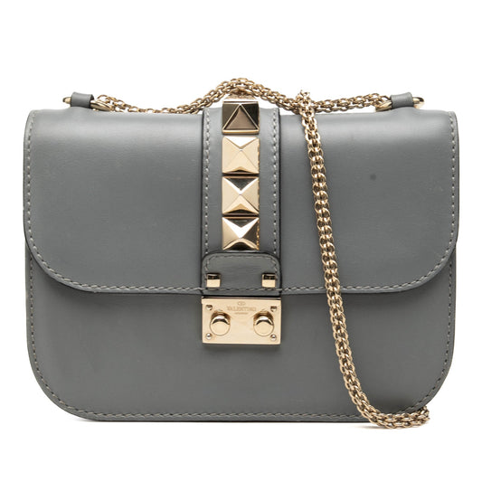 Valentino Small Leather Rockstud Glam Lock Crossbody — Gray
