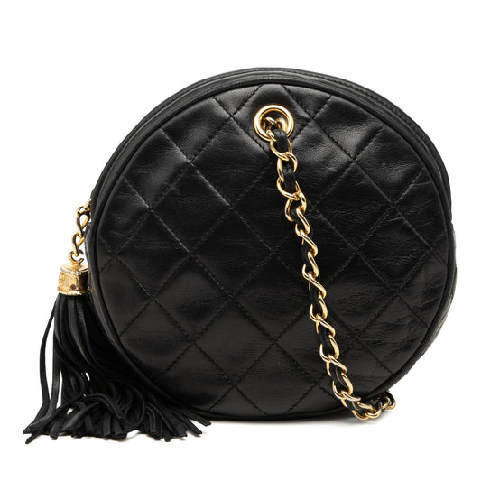Chanel Quilted Lambskin Tassel Round Clutch with Chain