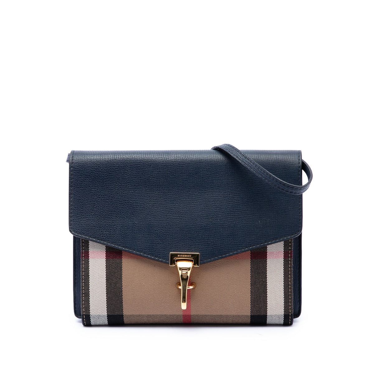 Burberry Small Leather and House Check Canvas Derby Macken Crossbody — Blue
