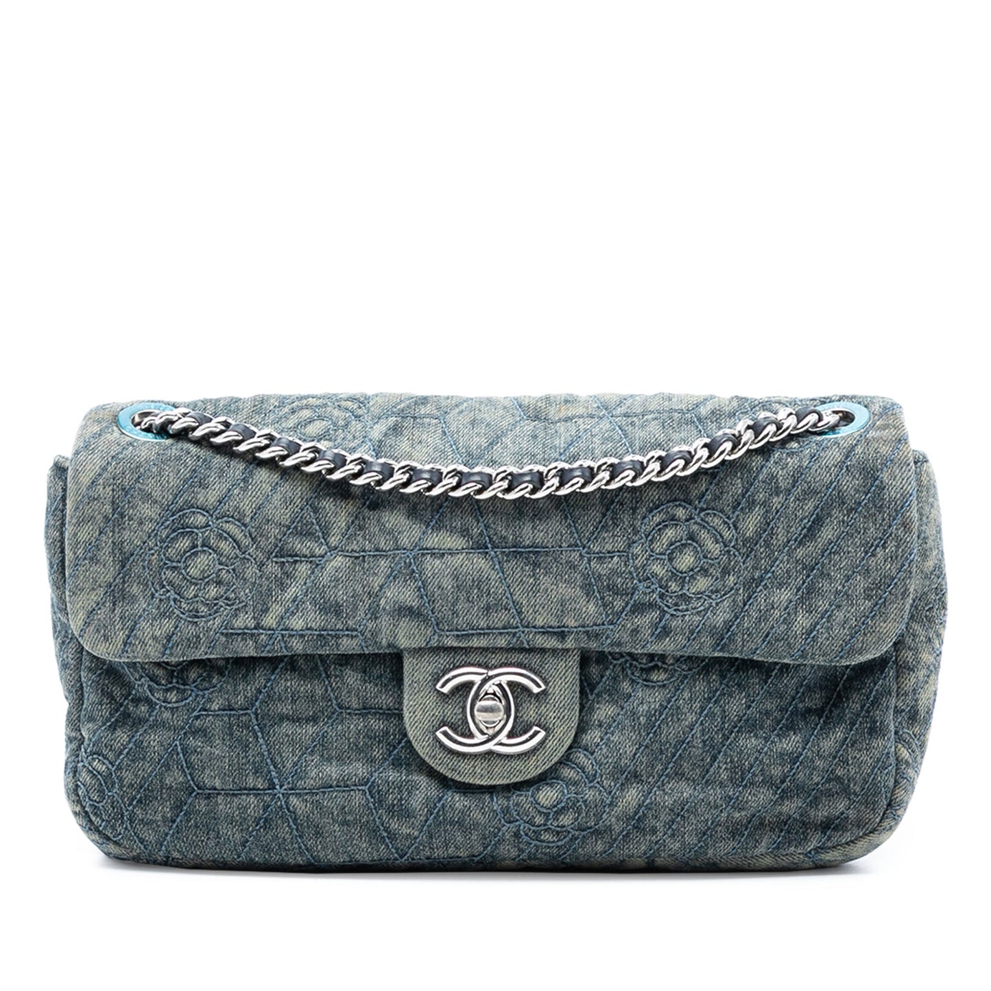 Chanel Medium Embroidered Denim Camellia Flap