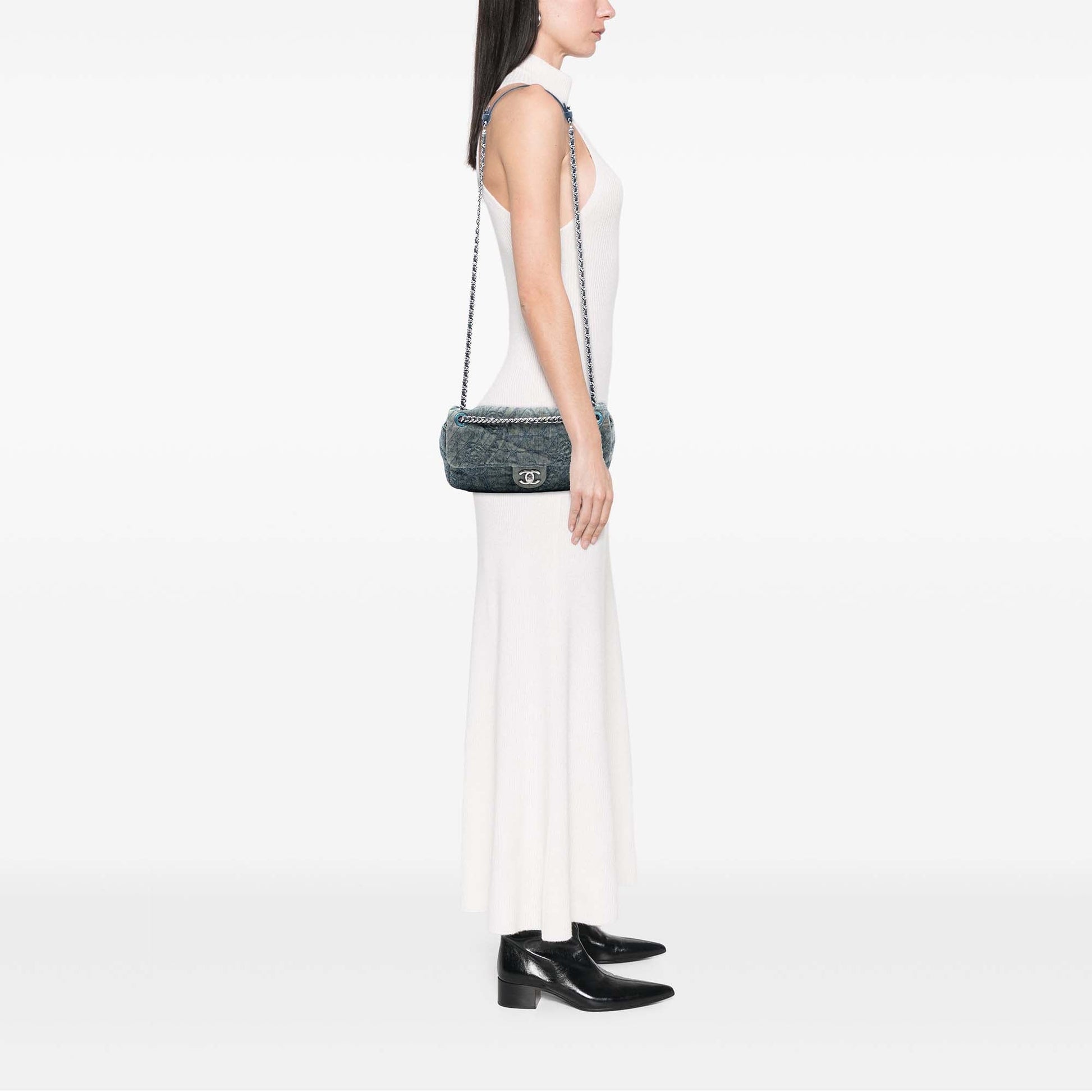 Chanel Medium Embroidered Denim Camellia Flap