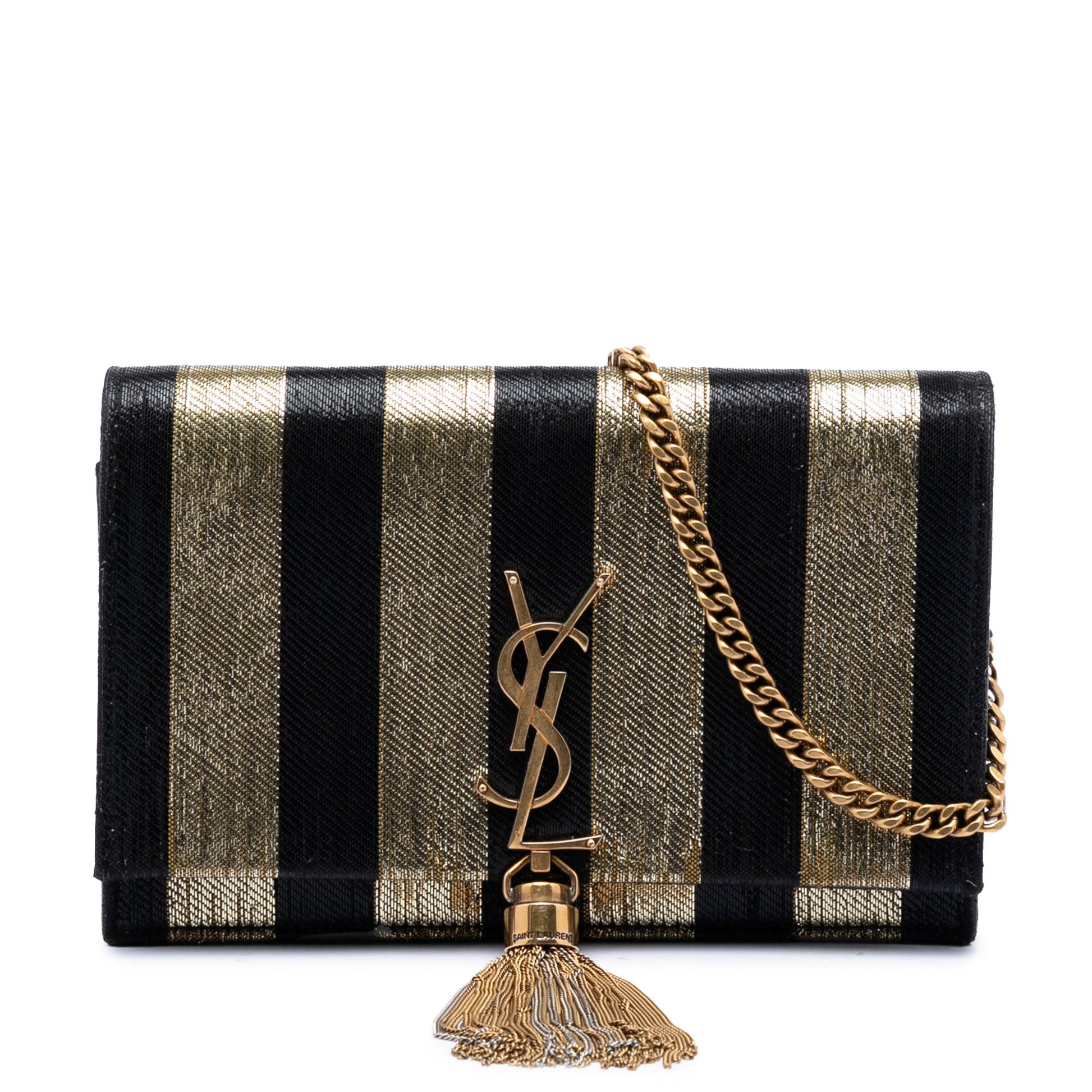 Saint Laurent Metallic Striped Fabric Monogram Kate Tassel Wallet on Chain