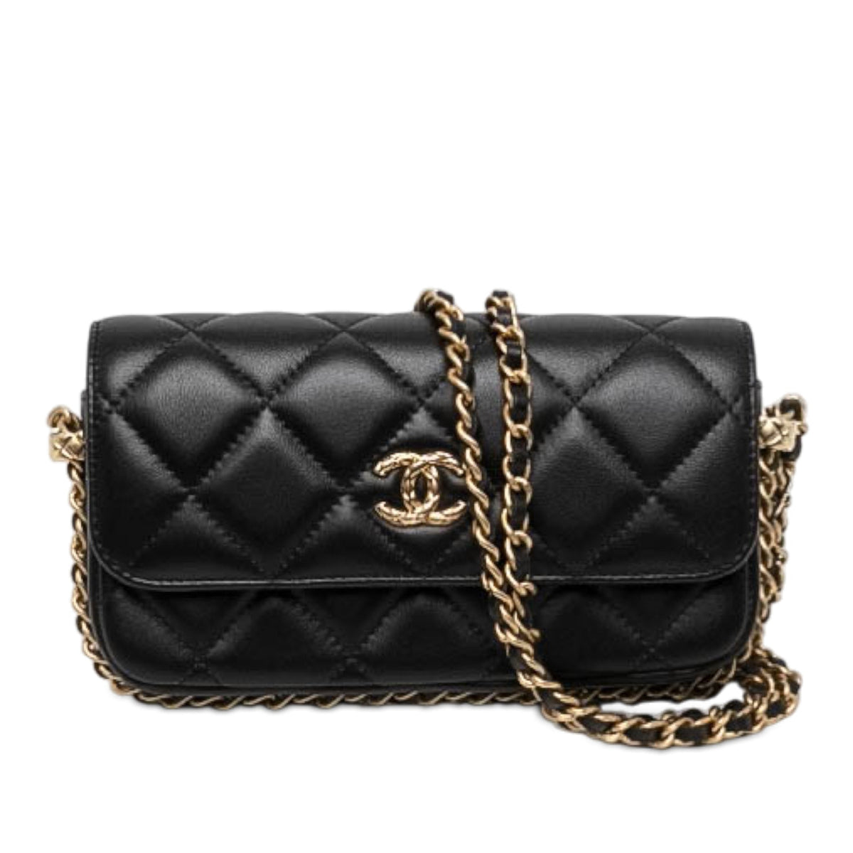 Chanel CC Quilted Lambskin Flap Phone Holder with Chain — Black