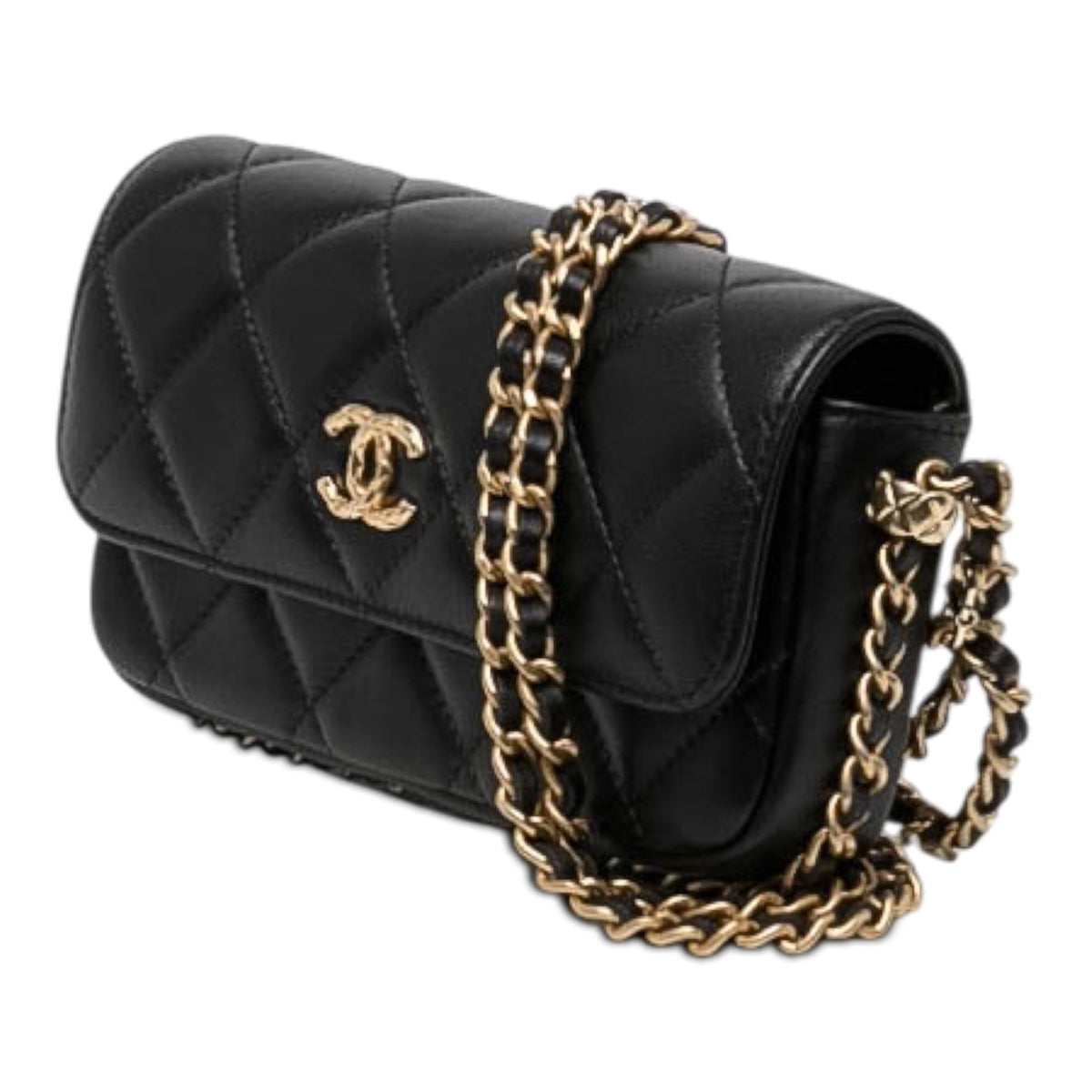 Chanel CC Quilted Lambskin Flap Phone Holder with Chain — Black
