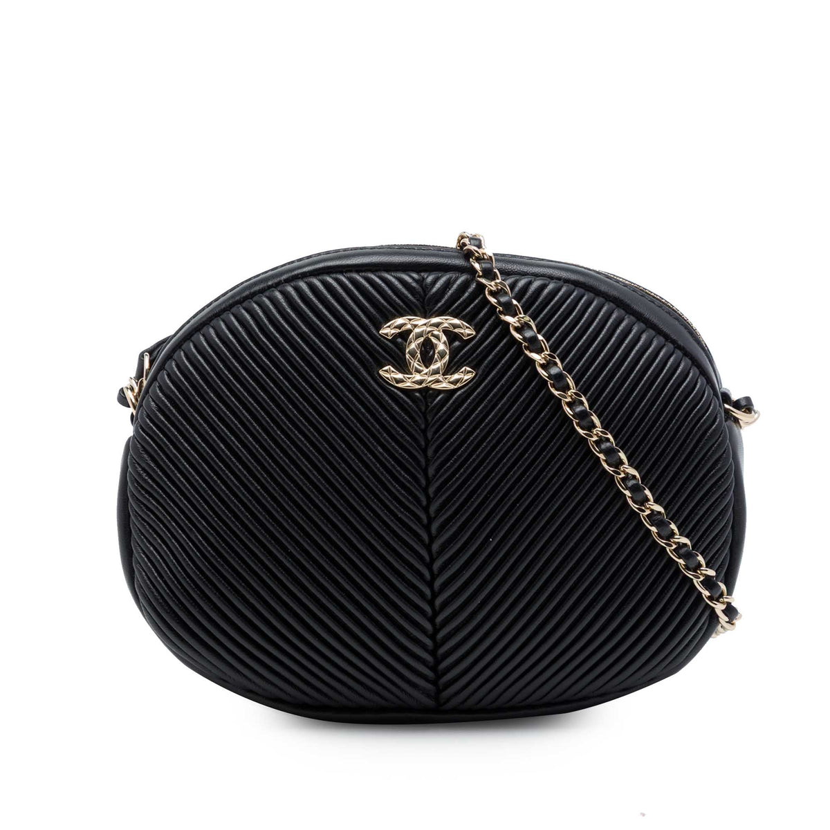 Chanel Chevron Lambskin Pleated Oval Camera Bag — Black